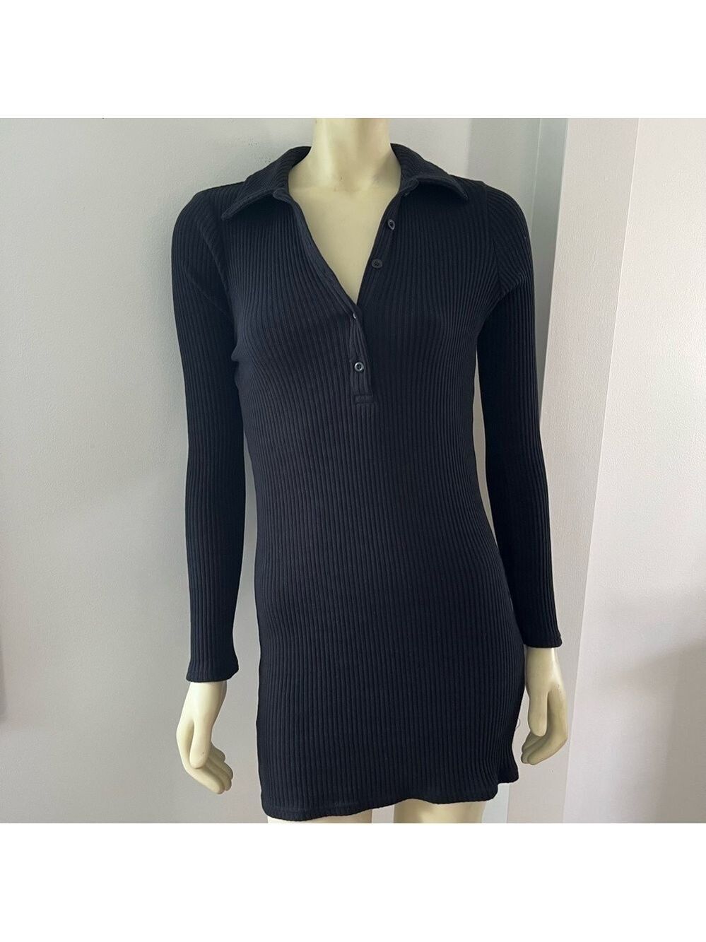 Nwt BDG Urban Outfitters Women’s Rib Polo Bodycon LingSleeve Mini Dress Black L